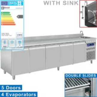 Ventilated "wall" cooling table, 5 doors GN 1/1, with sink
