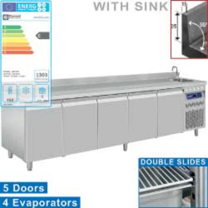 Ventilated "wall" cooling table, 5 doors GN 1/1, with sink