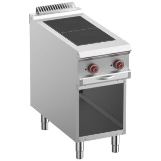 Electric stoves 2 plates aligned with the top, open cupboard