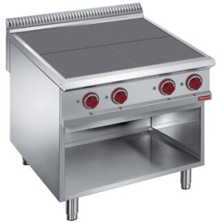 Electric stoves 4 plates aligned with the top, open cupboard