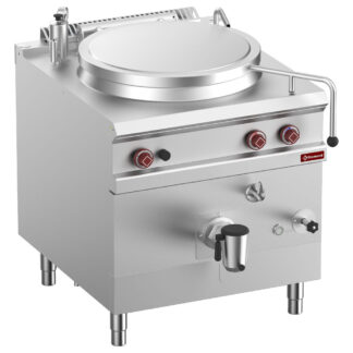 Gas boiling pan, 150-liter tank, indirect heating, on cupboard