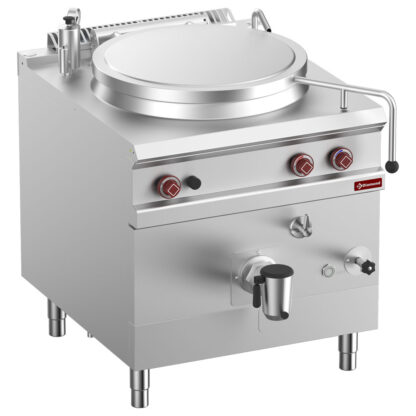 Gas boiling pan, 150-liter tank, indirect heating, on cupboard