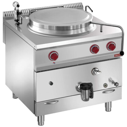 Gas boiling pan, 150-liter tank, indirect heating, on cupboard