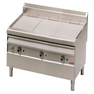 Gas steam grill with cooking grid in -O- on cabinet