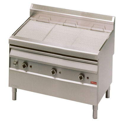 Gas steam grill with cooking grid in -O- on cabinet
