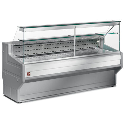 Refrigerated display counter with straight glass panel 90Â°, with reserve