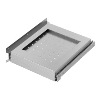 Pull-out stainless steel back shelf on guides for compartment with door