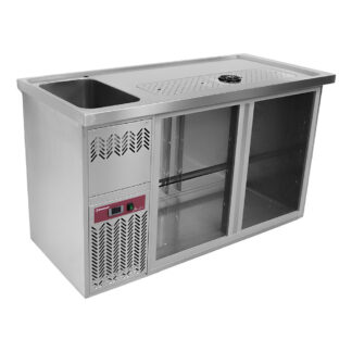 Bar counter with 2 compartments, draining board + grid, 1 sink on the left.