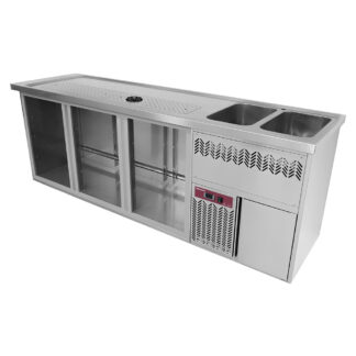 Bar counter with 3 compartments, draining board + grid, 2 sinks on the right.