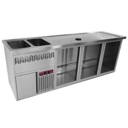 Bar counter with 3 compartments, draining board + grid, 2 sinks on the left.
