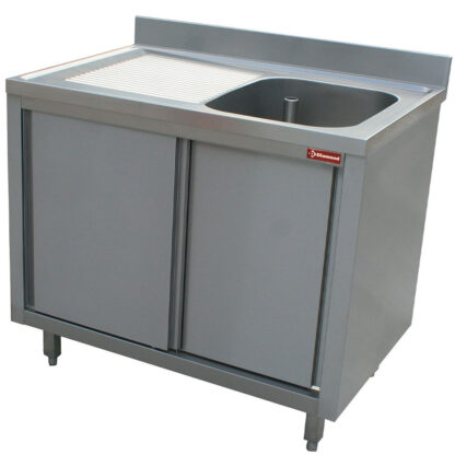 Sink 1 tank 600x500xh275, left draining board on cupboard with 2 sliding doors