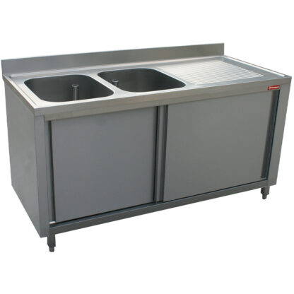 Sink 2 tanks 400x500xh275, right draining board on cupboard with 2 sliding doors