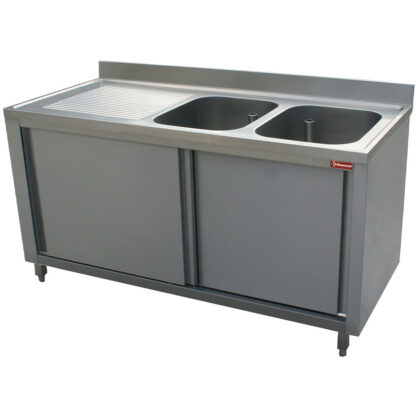 Sink 2 tanks 600x500xh325, left draining board on cupboard with 2 sliding doors