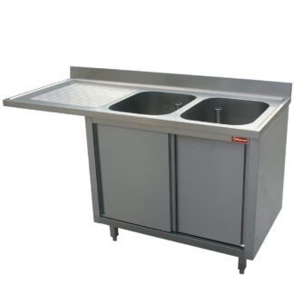 Sink 2 tanks 500x500x325 left draining board on cupboard 2 sliding doors and space dishwasher