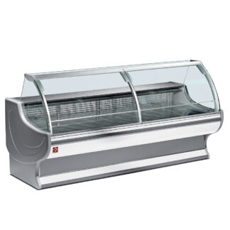 Ventilated refrigerated counter display with curved glass panel with storage space