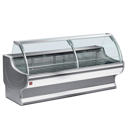 Ventilated refrigerated counter display with curved glass panel with storage space