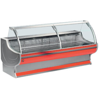 Ventilated refrigerated counter display with curved glass panel with storage space