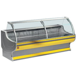 Ventilated refrigerated counter display with curved glass panel with storage space