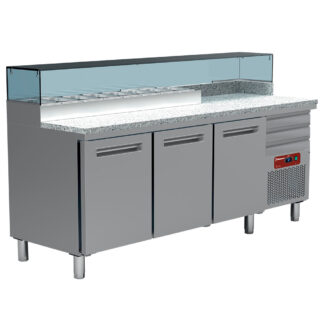 Cooling table for pizzeria, 3 doors 600x400, 3 neutral drawers 600x400, refrigerated structure 8x GN 1/4