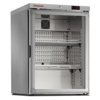 Ventilated refrigerator, glass door, 150 liters. stainless steel