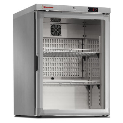 Ventilated refrigerator, glass door, 150 liters. stainless steel