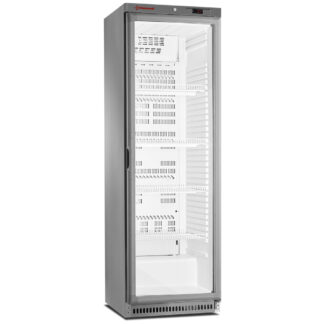 Ventilated refrigerator, glass door, 400 liters. stainless steel