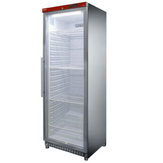 Ventilated refrigerator, glass door, 400 liters. stainless steel