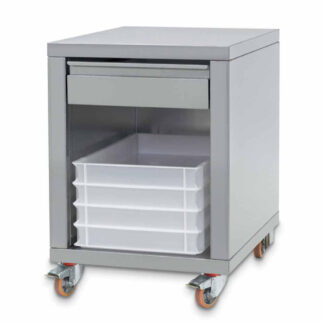 Stainless steel support + drawer, on wheels, for forming machines