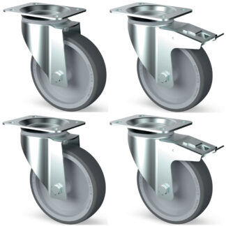 Kit of 4 stainless steel castors, swivelling, 2 with brakes