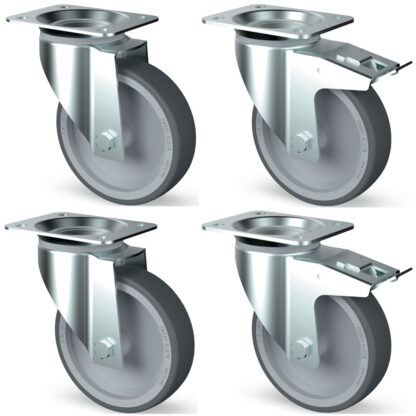 Kit of 4 stainless steel castors, swivelling, 2 with brakes