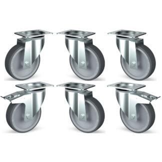 Kit of 6 stainless steel castors, swiveling, 2 with brakes