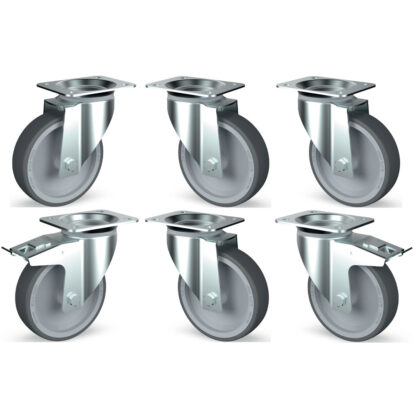 Kit of 6 stainless steel castors, swiveling, 2 with brakes