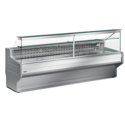 Refrigerated display counter with straight glass panel 90Â°, with reserve