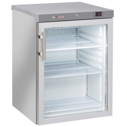 Ventilated refrigerator, glass door, 200 liters. stainless steel