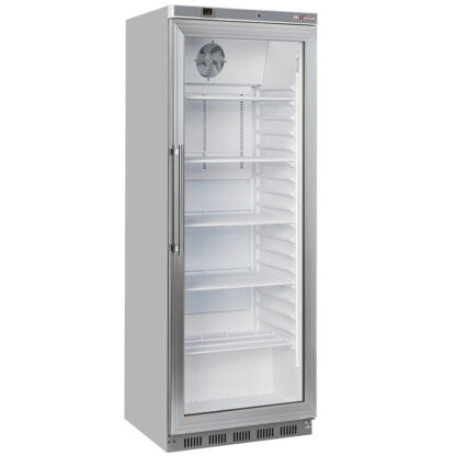 Ventilated refrigerator, glass door, 400 liters. stainless steel