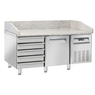Table frigo pizzeria, 1 porte EN 600x400, 5 tiroirs neutres EN 600x400, sur roues, 2 avec freins