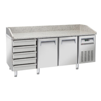 Refrigerated pizza table 2 doors EN 600x400, 5 neutral drawers EN 600x400, on wheels, 2 with brakes