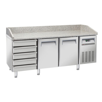 Refrigerated pizza table 2 doors EN 600x400, 5 neutral drawers EN 600x400, on wheels, 2 with brakes
