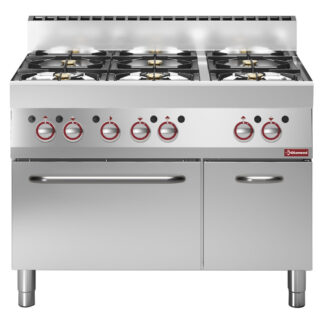 Range with 6 open burners on gas oven and neutral cupboard