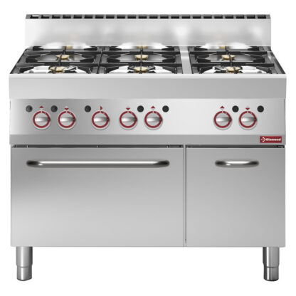Range with 6 open burners on gas oven and neutral cupboard