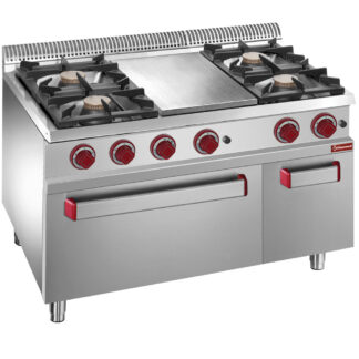 Gas solid top 4 burners, plate with gas oven GN 2/1, cupboard GN 1/1