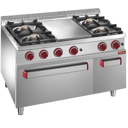 Gas solid top 4 burners, plate with gas oven GN 2/1, cupboard GN 1/1