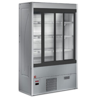 Ventilated refrigerated wall unit with glass sliding doors
