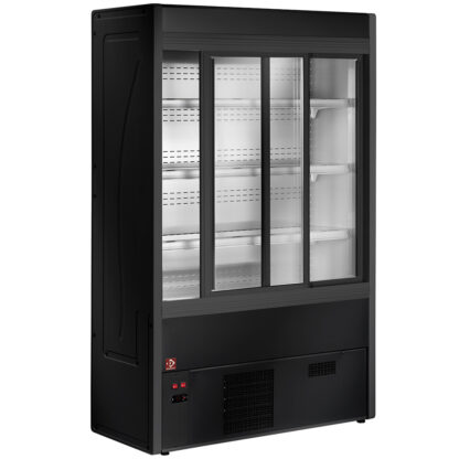 Ventilated refrigerated wall unit with glass sliding doors