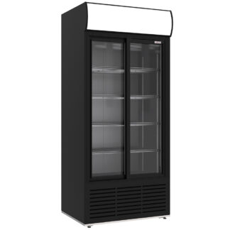 Vitrine ventilée positive 783 litres 2 portes coulissantes avec caisson lumineux NOIRE