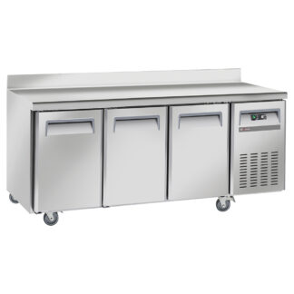 Cooling table, ventilated, 3 doors GN 1/1, with backsplash, on wheels, 2 with brakes