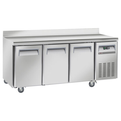 Cooling table, ventilated, 3 doors GN 1/1, with backsplash, on wheels, 2 with brakes