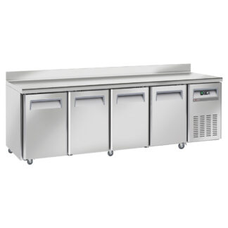 Cooling table, ventilated, 4 doors GN 1/1, with backsplash, on wheels, 2 with brakes
