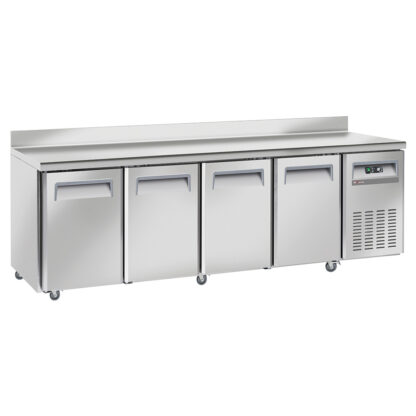 Cooling table, ventilated, 4 doors GN 1/1, with backsplash, on wheels, 2 with brakes