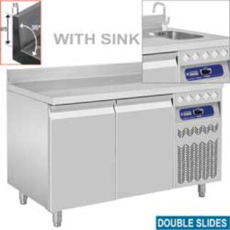 Ventilated "mural" cooling table, 2 doors GN 1/1, with sink